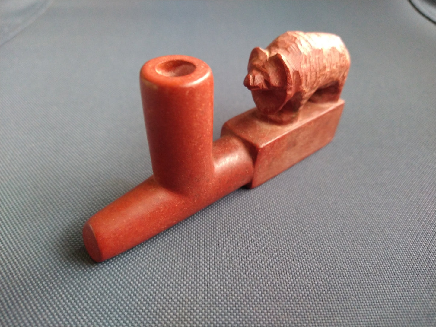 Vintage Tribal Carved Red Pipestone Catlinite Bear Pipe Bowl Only With No Stem. Artwork by Master Carver William Billy Bryan 'Big Eagle'