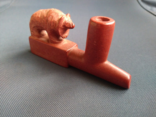 Vintage Tribal Carved Red Pipestone Catlinite Bear Pipe Bowl Only With No Stem. Artwork by Master Carver William Billy Bryan 'Big Eagle'